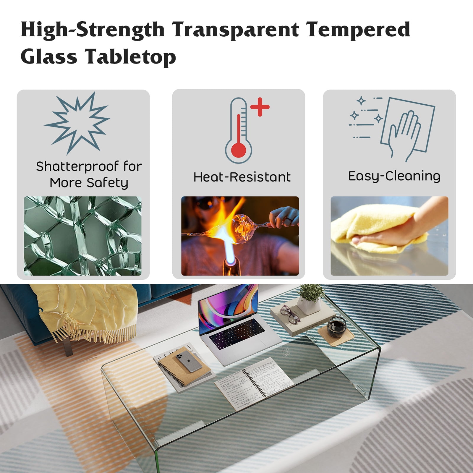 Costway Tempered Glass Coffee Table Accent Cocktail Side Table Living Room Furniture