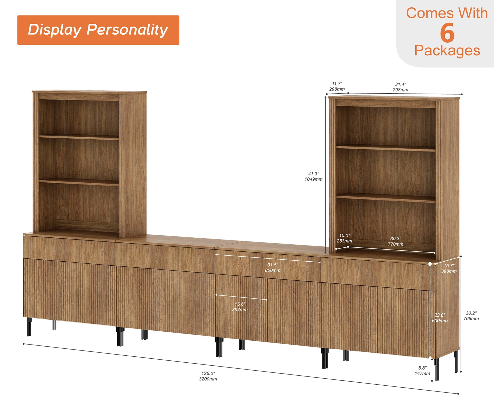 71.6"H X 126"W Set Of 4 Bookcase with Storage Cabinets, 14 Tier Bookshelf with Fluted Doors and Drawers, Large Modern Display Cabinet For Living Room Bedroom Home Office Kitchen