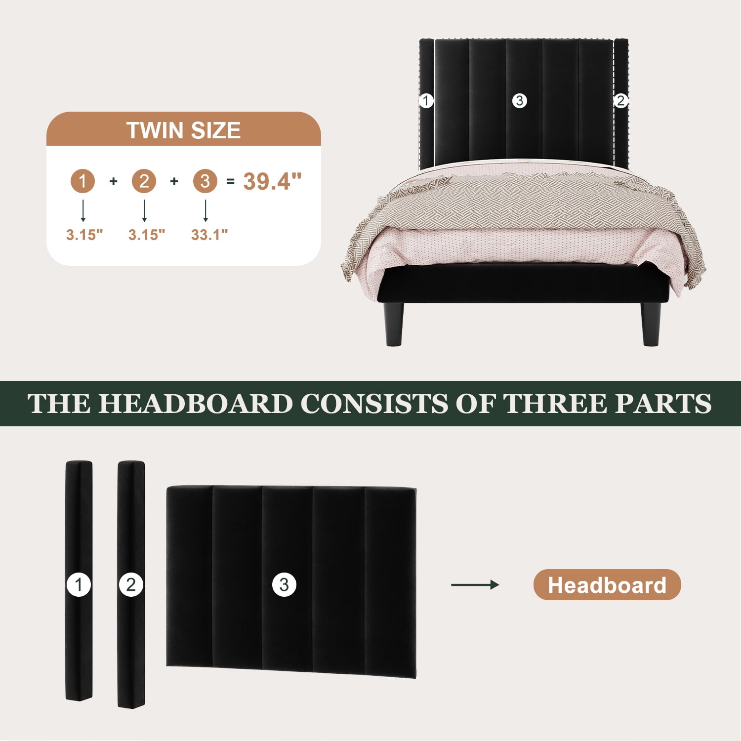 Amolife Twin Bed Frame, Upholstered Bed Frame with Velvet Vertical Channel Tufted Headboard, Black