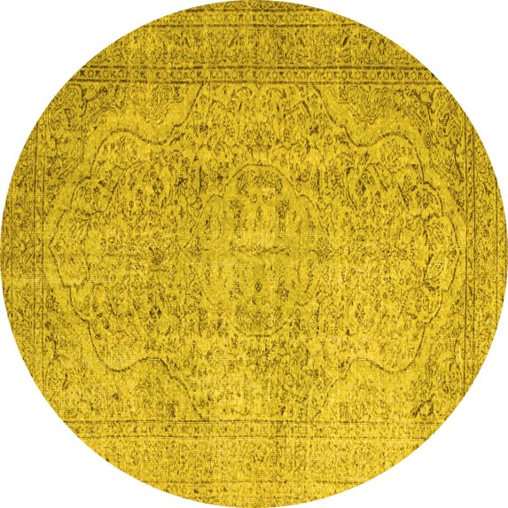 Ahgly Company Machine Washable Indoor Round Abstract Yellow Contemporary Area Rugs, 5' Round