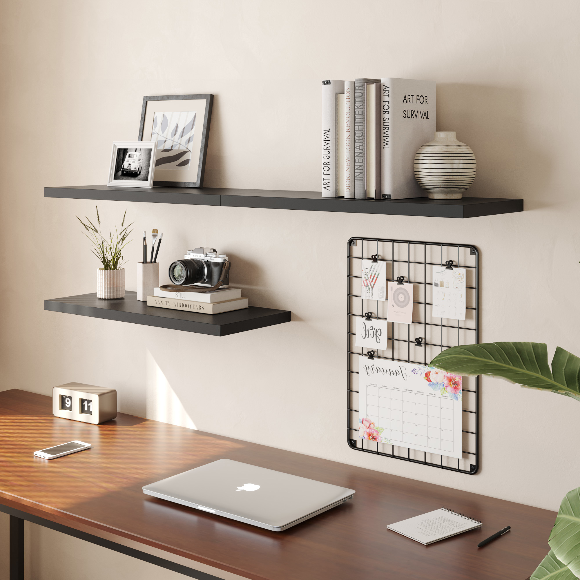 Dumekko Large Floating Shelves for Wall Set of 2 Wooden Wall Shelves 24 in x 10 in x 1 in Room Decor Long Shelf with Invisible Wall Mount Bracket for Bedroom, Kitchen, Living Room, Black