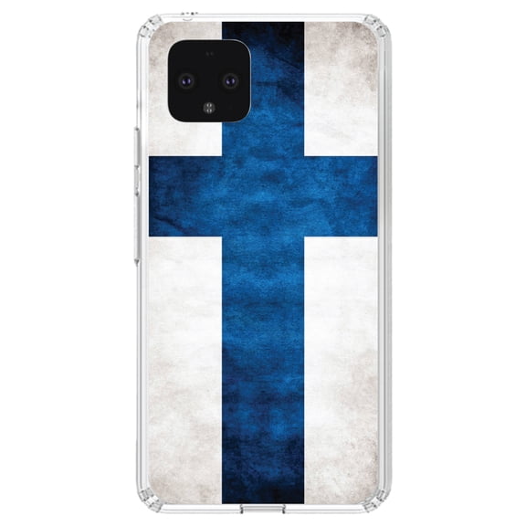 DistinctInk Clear Shockproof Hybrid Case for Google Pixel 4 (5.7" Screen) - TPU Bumper, Acrylic Back, Tempered Glass Screen Protector - Finland Old Flag - Show Your Love of Finland