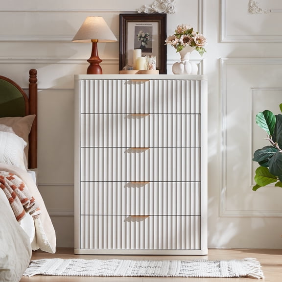 LELELINKY Fluted 5-Drawer Dresser, Modern Chest of Drawers with Metal Handles for Bedroom, Living Room, Hallway Storage, 41 Inch Tall