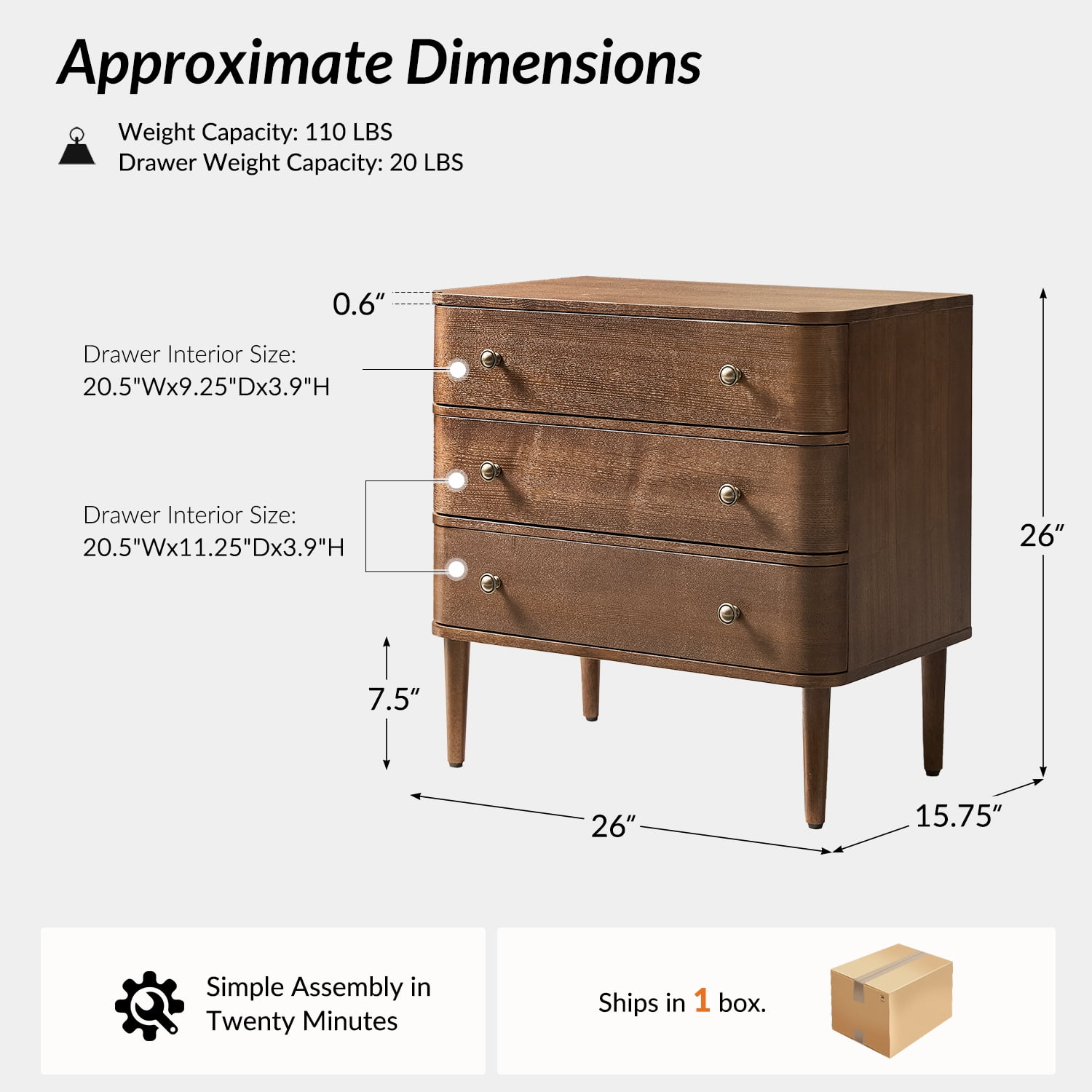 26" Modern 3 Drawers End Table Curved Table with Charging Station for Living Room Walnut