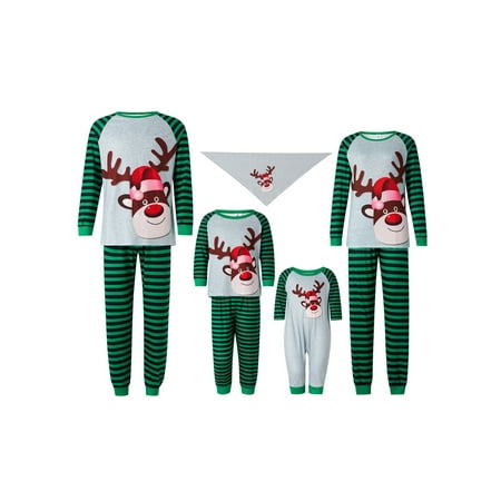 

wybzd Parent-Child Pajama Set Christmas Cartoon Elk Print Tops + Striped Pants Family Clothing Set