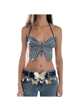 Hapeisy Y2k Clothing,Butterfly Jeans Crop Top Backless Strap Camis Sexy  Blue Cute Party Sweats Women Beach Holiday Mini Vest Summer Tee