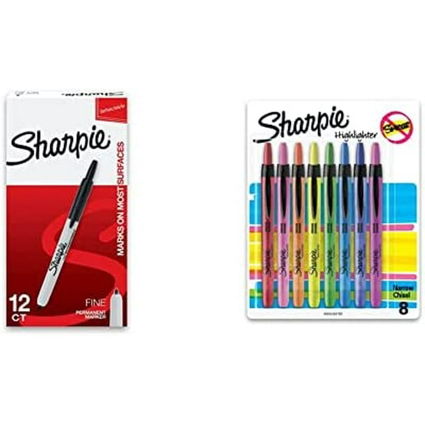 SHARPIE Retractable Permanent Markers, Fine Point, Black, 12 Count & Retractable Highlighters