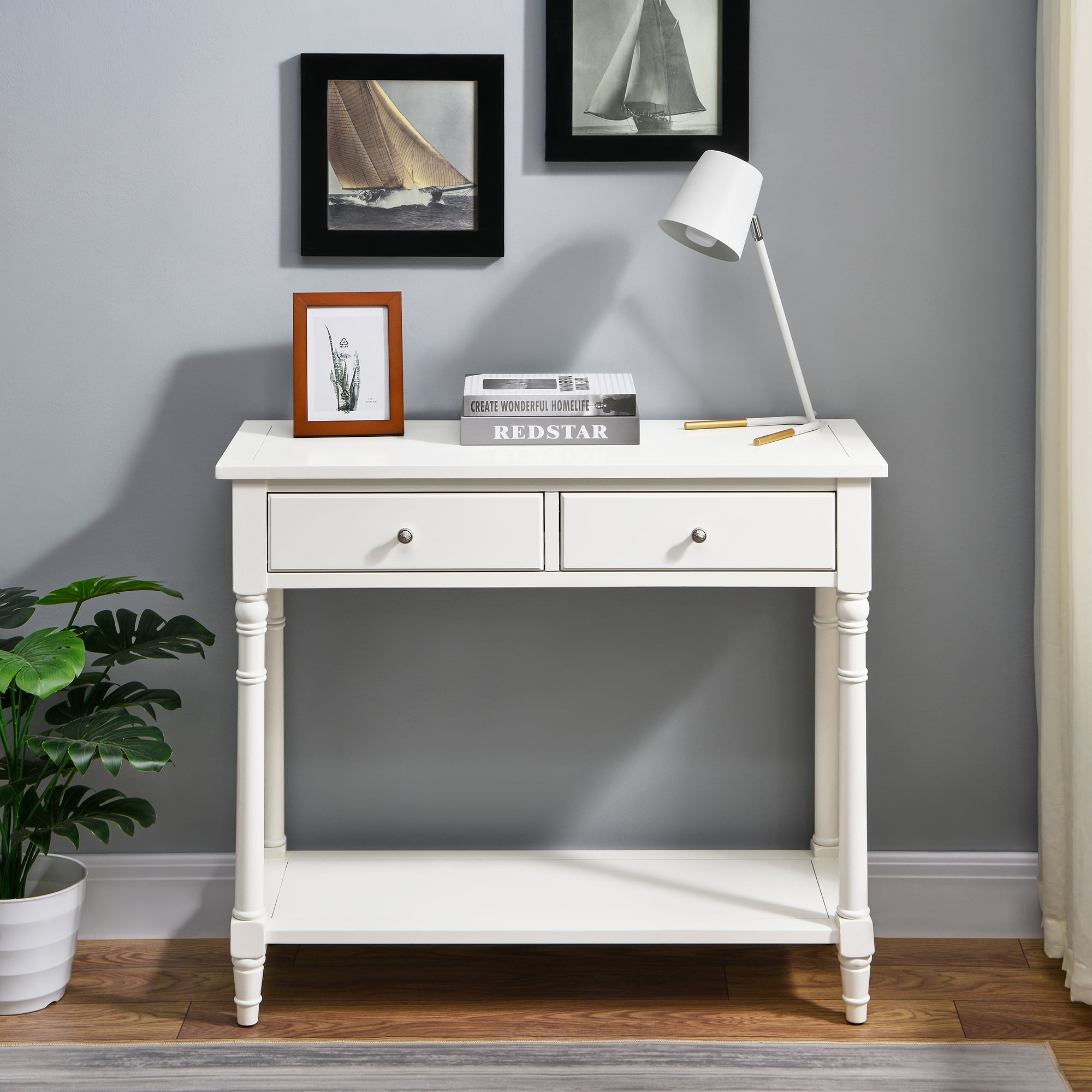 JESONVID Solid Wood Console Table with 2 Drawers, 2-Tier 35.4" X 30" Accent Sofa Table with Multilayer Storage Shelf Rustic Hall Entryway Tables for Living Room Home Office-White