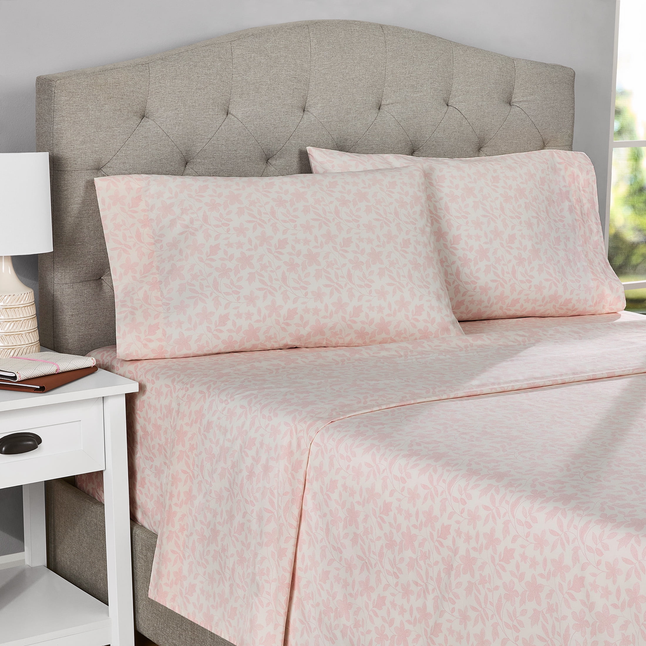 Mainstays 4-Piece 300 Thread Count Pink Floral Cotton Blend Bed Sheet Set, King