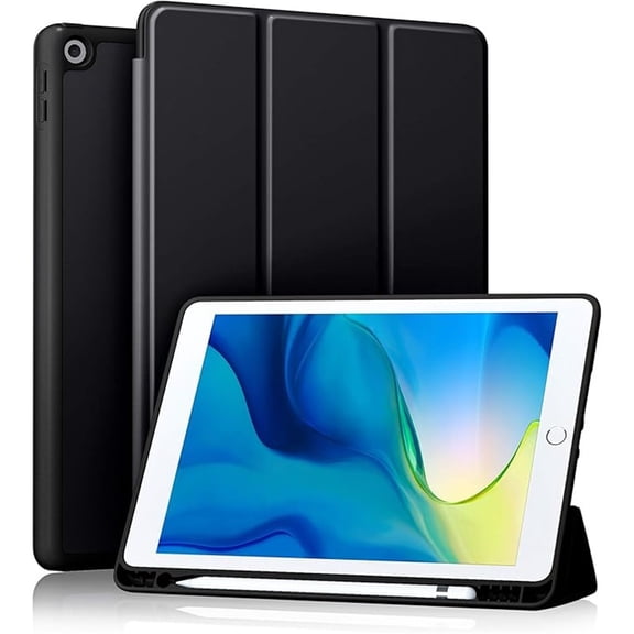 Case Compatible with iPad 10.2 Inch 2021/2020/2019, for iPad 9th/8th/7th Generation Case with Pencil Holder, Protective with Soft TPU Back, Auto Sleep/Wake Cover, Black