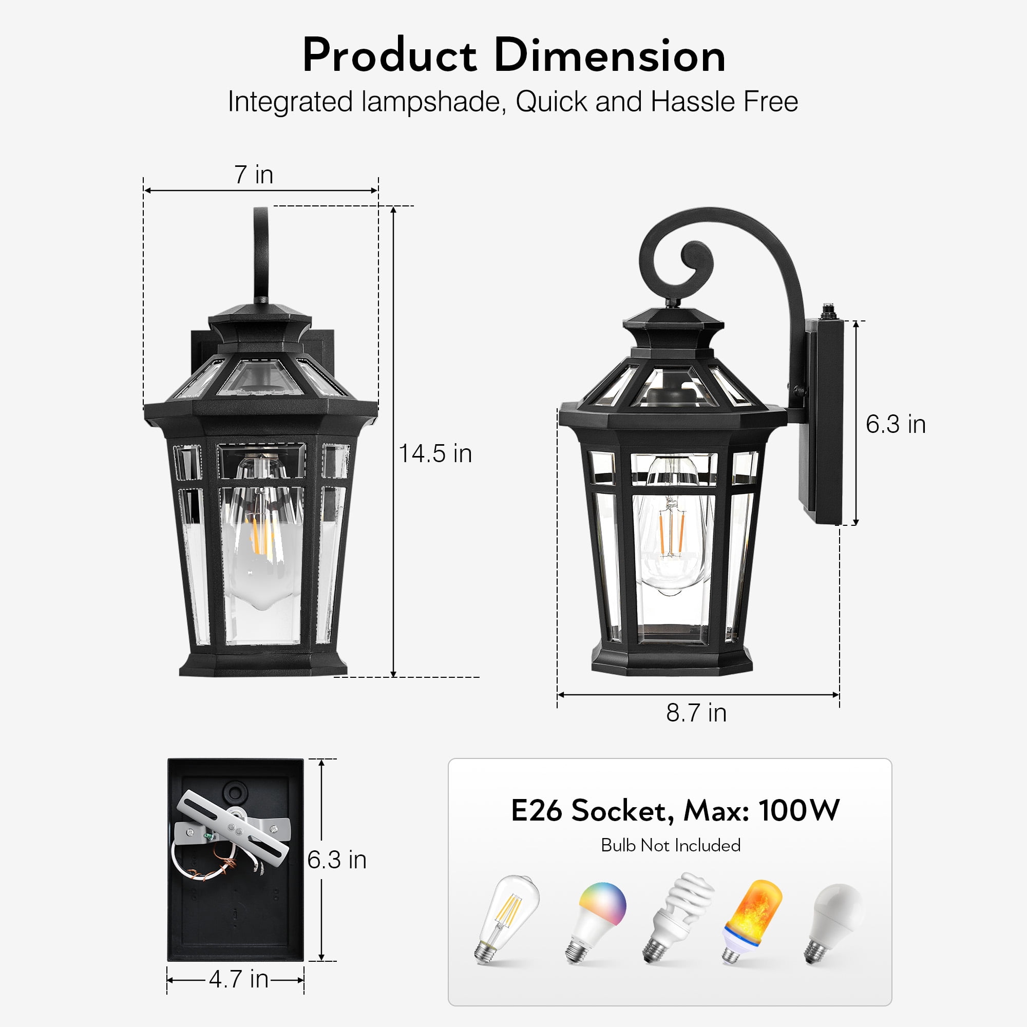 Outdoor Light Fixtures Wall Mount, 2-Pack Outdoor Wall Sconce Dusk to Dawn, Exterior Lantern with E26 Base, Matte Black Finish Coach Lights for Garage, Waterproof Outside Lights for House