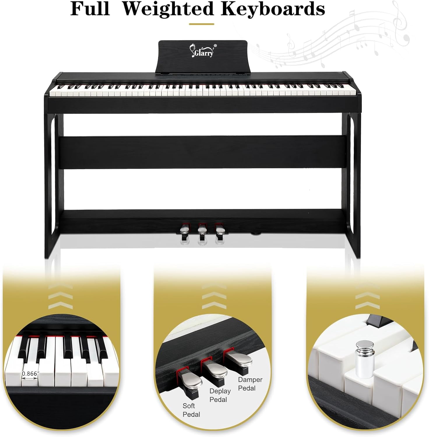 GLARRY Digital Piano 88-Key Home Full Weighted Hammer Heavy Action Digital Piano for All Experience Levels, Beginer, Portable Electric Keyboards Piano, Triple Pedals (White)