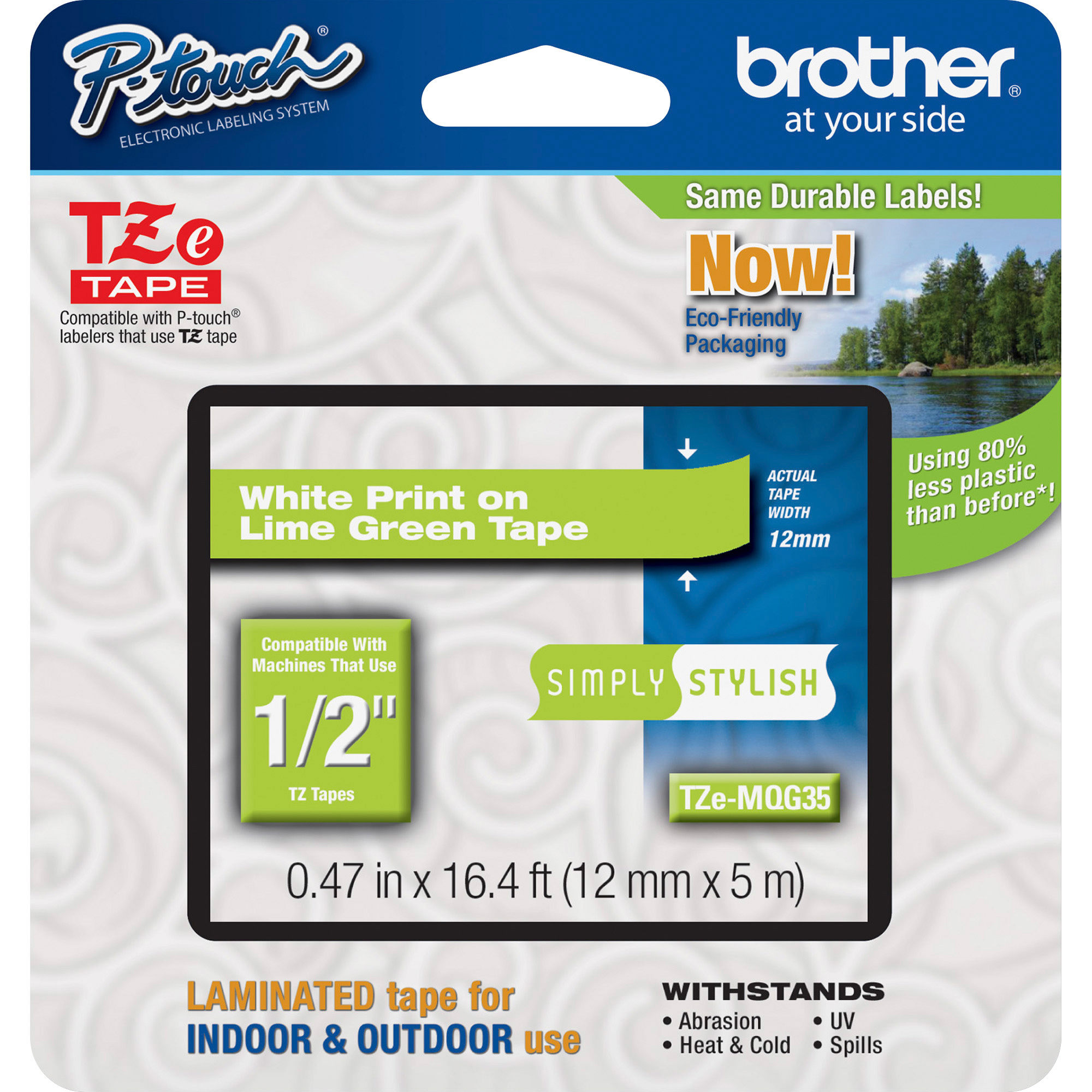 Brother Printer TZEMQG35 Touch 0.5 White On Lime Green Standard Laminated Tape - 16.4 ft. - image 2 of 2