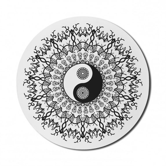 Ying Yang Mouse Pad for Computers, Vintage Yin Yang Mandala Pattern Oriental Bohemian Design, Round Non-Slip Thick Rubber Modern Gaming Mousepad, 8" Round, Black White, by Ambesonne