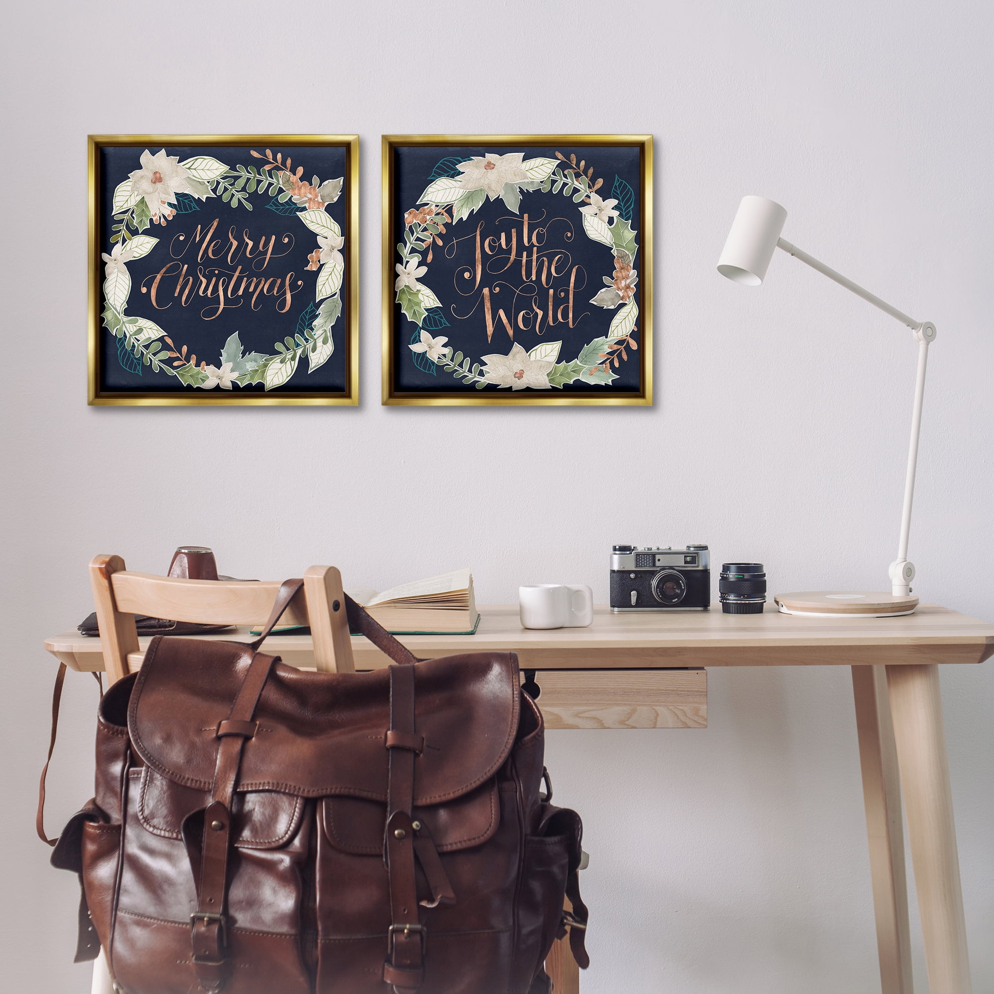 Stupell Industries Merry Christmas Joy Wreath Holiday Painting Gold Floater Framed Canvas Art Prints Wall Art, 18 x 18, Set of 2