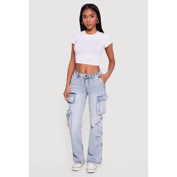 Women's Star Applique Acid Wash Straight Leg Cargo Jeans