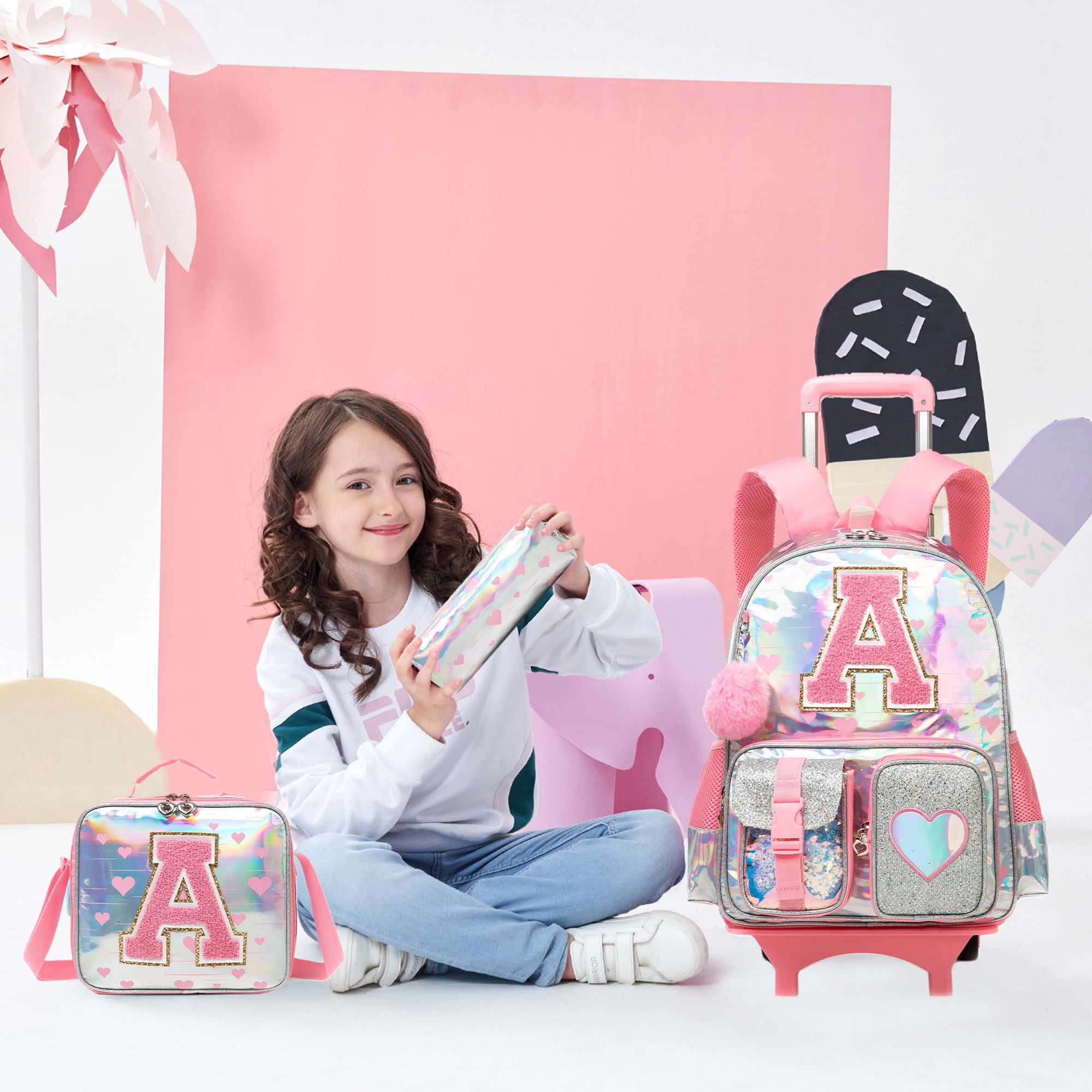 Kids Rolling Backpack with Wheels for Girls Pink Backpacks for School Elementary Student Wheeled Bookbag with Lunch Box Pencil Case