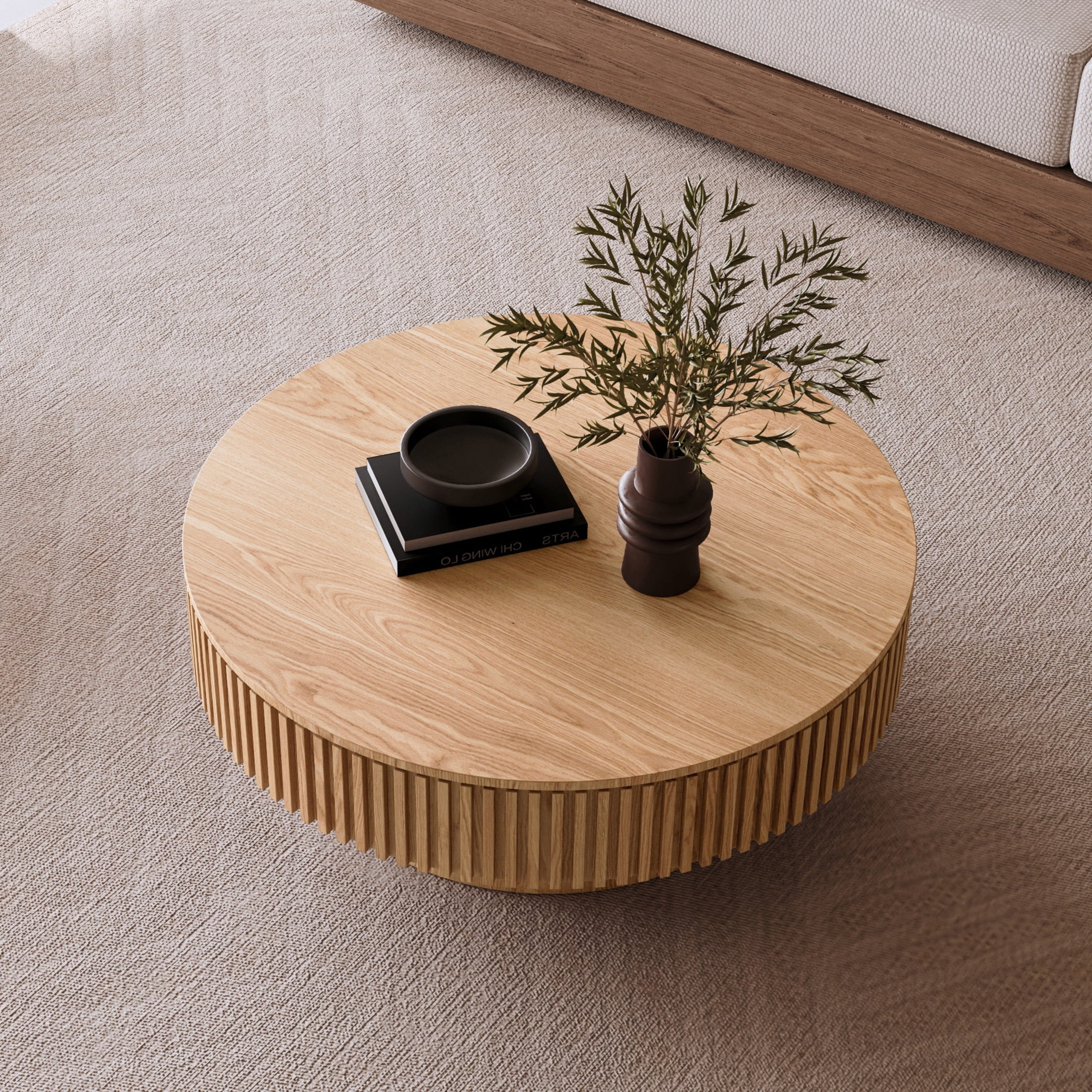 Noble House Leigh 39.3" Round Coffee Table with Hidden Storage, Solid Wood Veneer Fluted Accent Tea Table, Natural