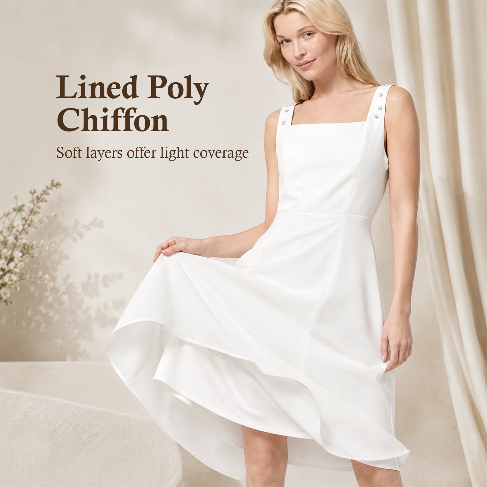 Alvantor Summer Dresses for Women, Sleeveless Square Neck Fit and Flare Midi Dress, Ivory