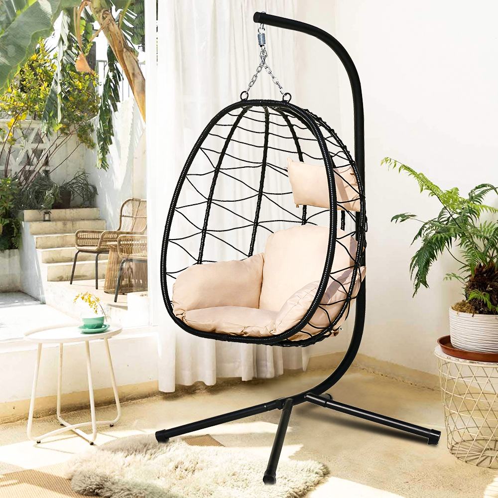 Outdoor Patio Furniture, Hanging Egg Chair with Stand, Black Rattan Wicker Egg Hammock Chair with Hanging Kits, Swinging Egg Chair for Indoor, Bedroom, Patio, Garden, Balcony, Beige Cushion, W8047 - image 3 of 8