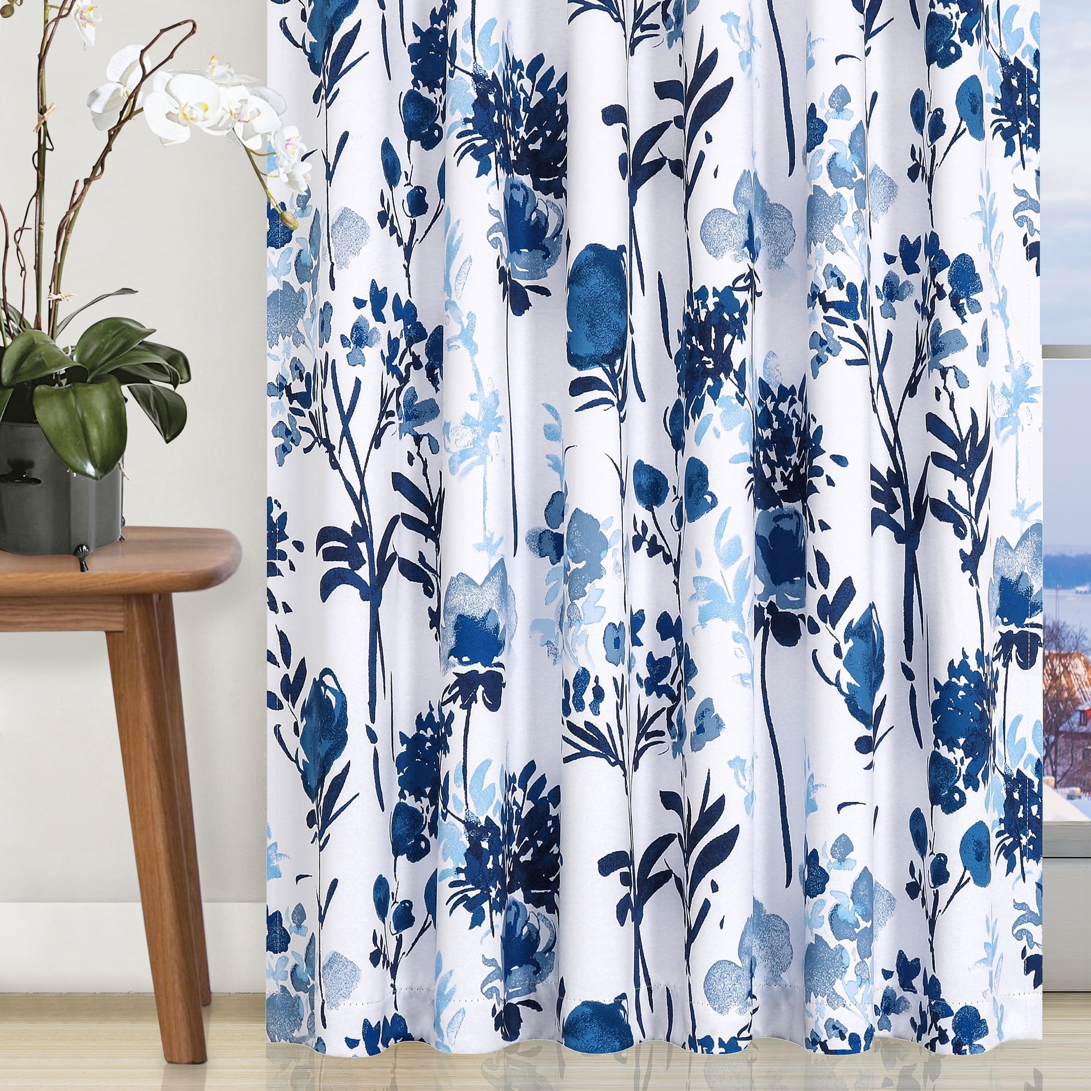 Decoultimatex Watercolor Blue Navy Floral Full Blackout Window Curtain Panels for Living Room Energy Efficient Thermal Insulated Rod Pdocket Drapes, 52"x 84"x 2