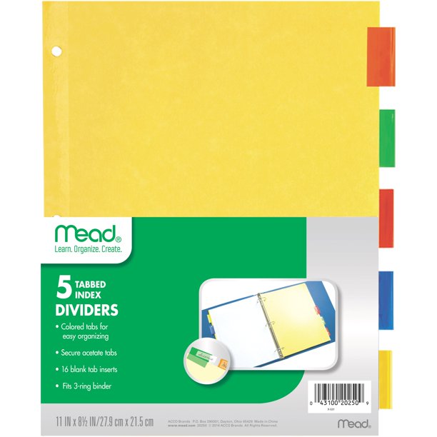 Mead® 5Tab Index Dividers, 9" x 11", Yellow with Multicolor Tabs