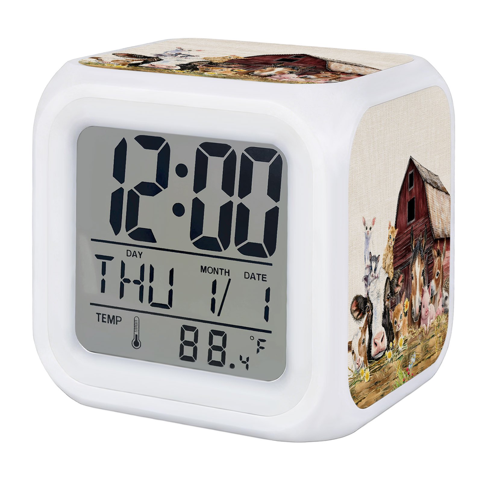 Farm Alarm Clock, Barn Horse Sheep Cat Country Retro Linen Background Digital Clock Night Light