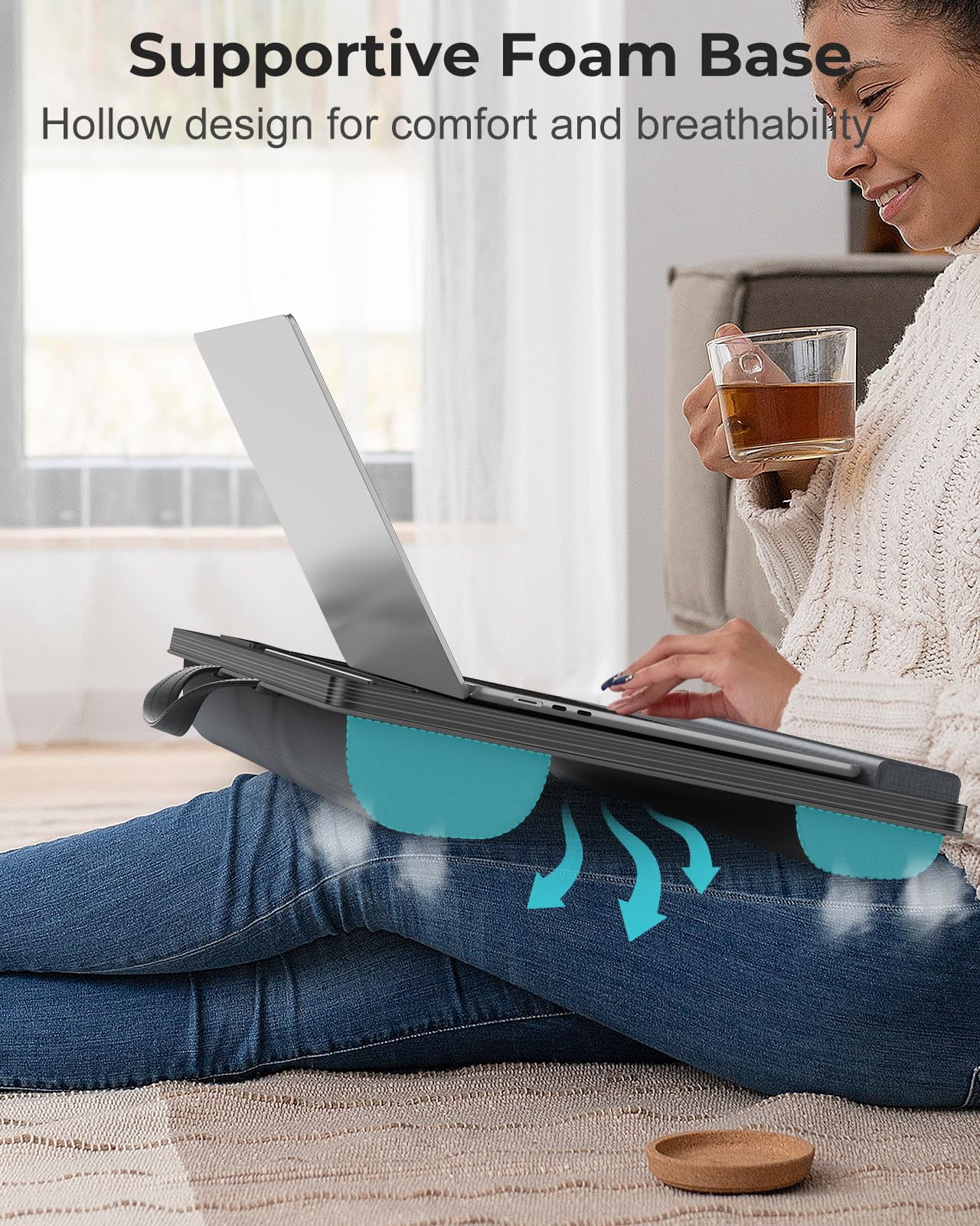 Lap Desk - Up To 17" Laptop With Wrist Rest  Portable Handle 2 Self-adhesive Pvc Mouse Pads Tablet & Phone Slots Stand For Bed Cushion (black)