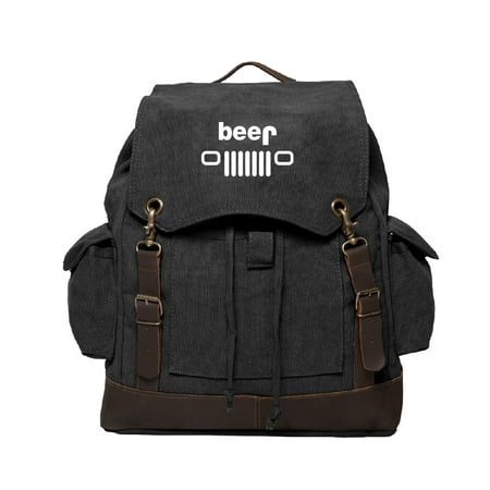 Jeep Beer Vintage Canvas Rucksack Backpack with Leather Straps, Black &