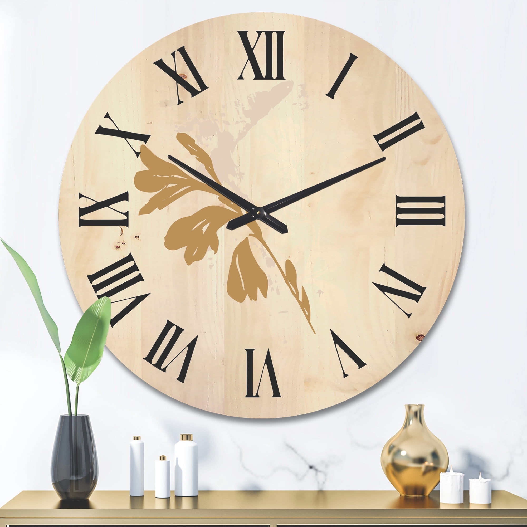 Designart 'Minimal Botanical Design In White and Brown' Traditional Wood Wall Clock