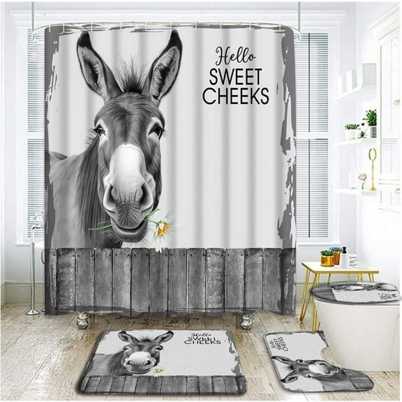 4 Piece Farmhouse Donkey Shower Curtain Set with Rugs, Toilet Lid Cover ,Funny Rustic Grey Animal Donkey with Daisy Flower Western Barn Country Wooden Fence Country Bathroom Shower Curtain with Hooks