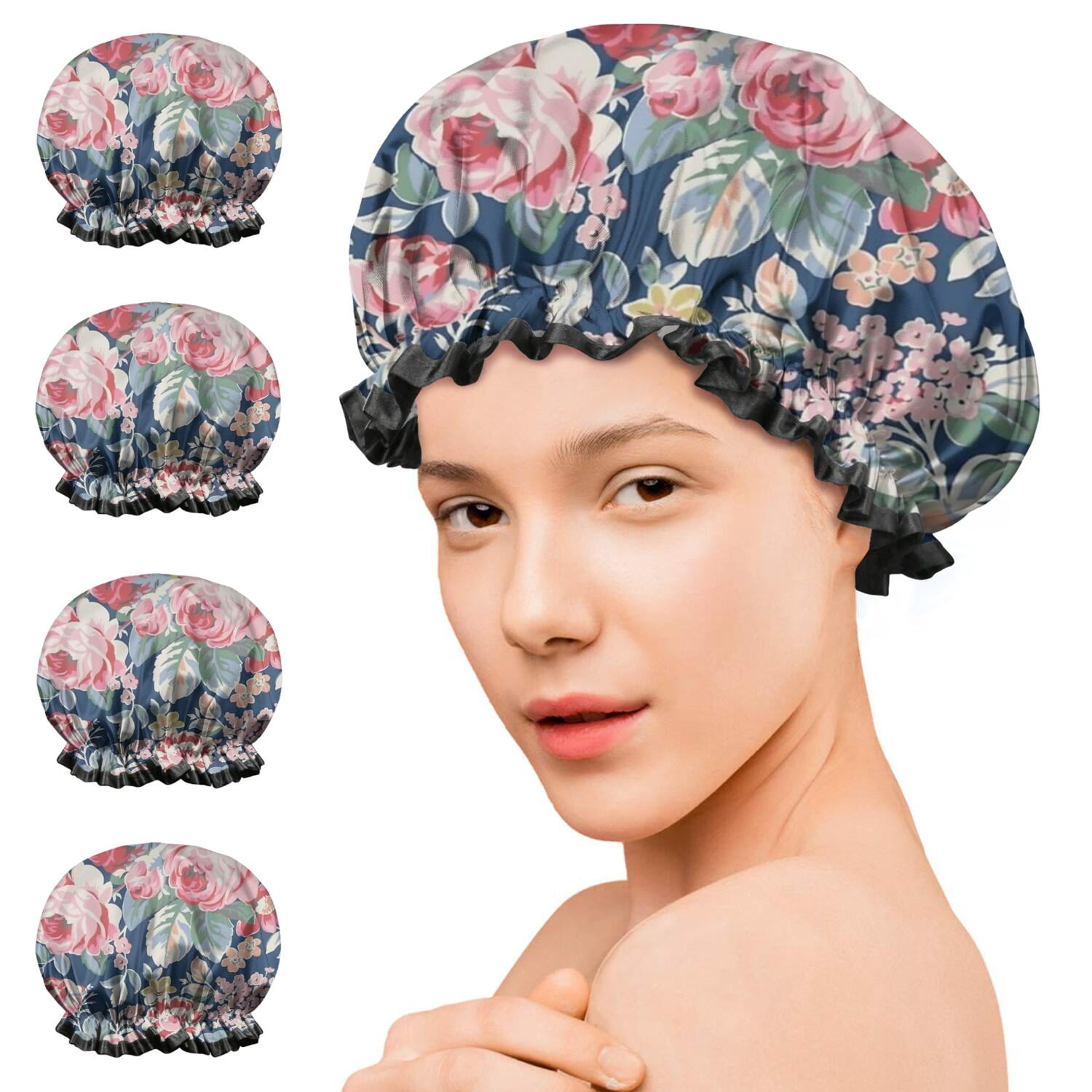 Shower Caps,Pioneer Flower Floral Print Pattern Waterproof Shower Cap for Women 4 Pieces,Double Reusable Hair Cover for Shower PEVA Elastic Stretch Hem