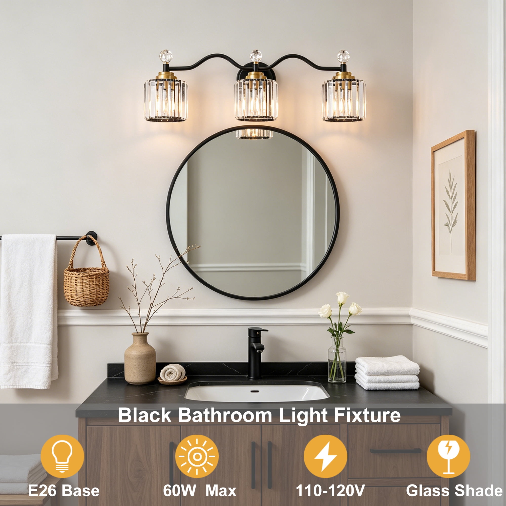 Deyidn 26" Modern 3-Light Black Gold Bathroom Vanity Light - Dimmable Bathroom Transitional Fixture with Crystal Glass Shades