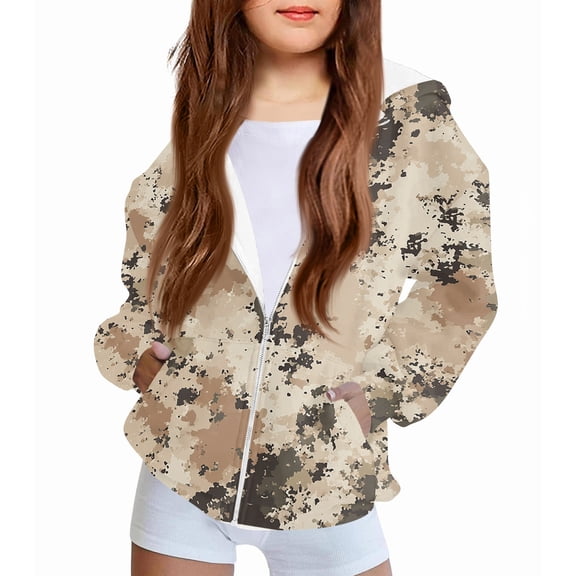 Xyxonk Camo Girls Zip Up Hoodies Kids 10-12 Years Long Sleeve Maple Leaf Print Casual Camouflage Sweatshirt Jacket with Pocket Winter Lightweight Fleece Hoodie Kids Coat,Light Brown 160