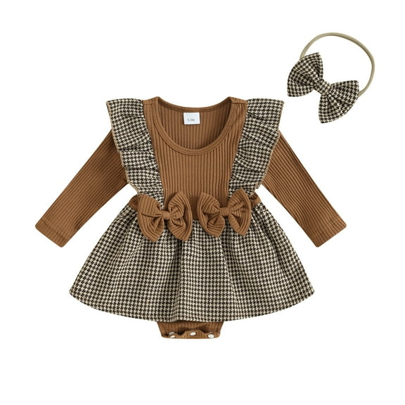 Musuos Baby Girls Romper Dress 3 6 12 18M Long Sleeve Ruffle Houndstooth Print Patchwork Romper with Headband