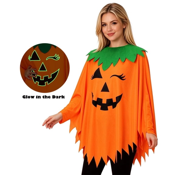 Fortwear Halloween Adult Glow in The Dark Pumpkin Poncho, Pumpkin Costume Cape for Cosplay Party