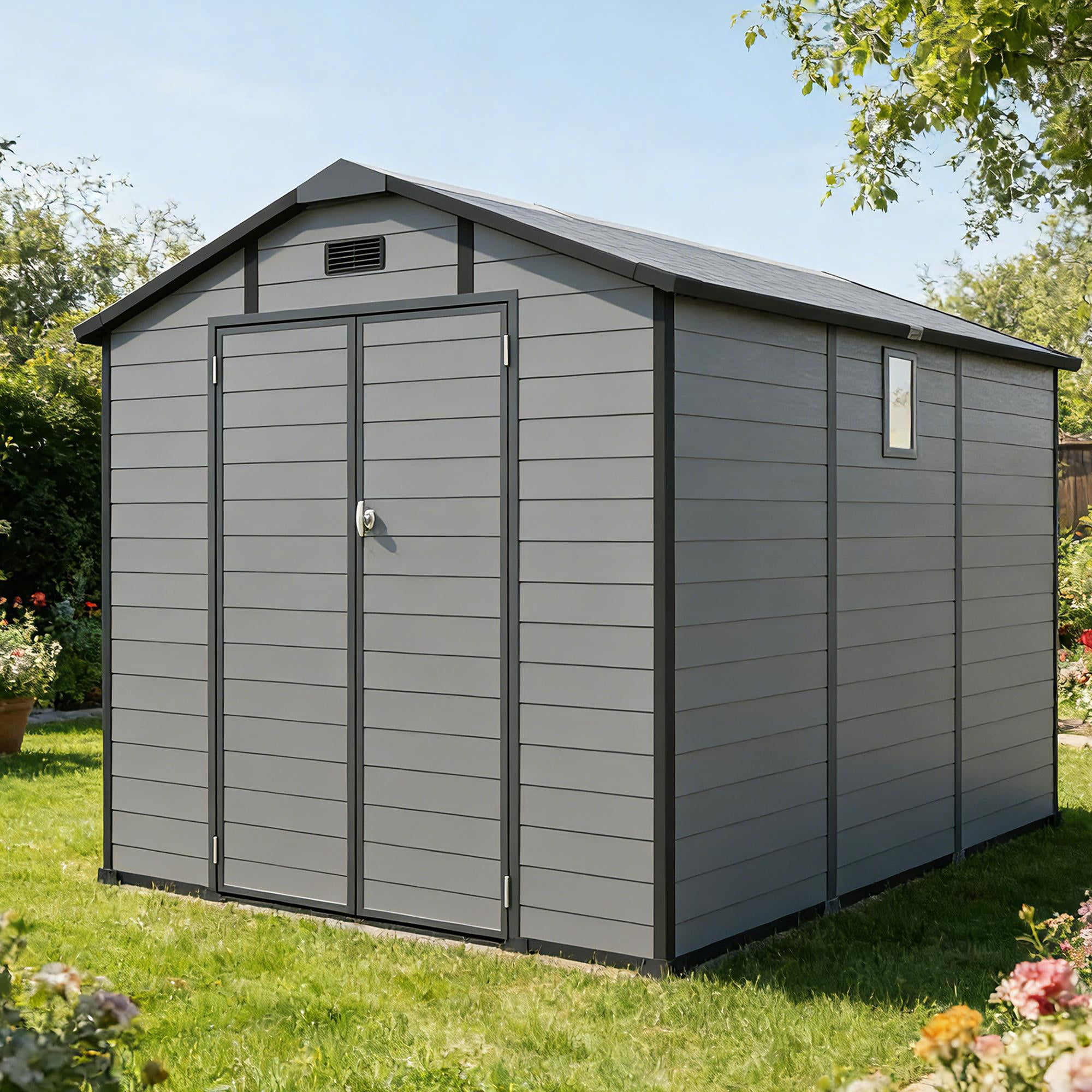 10x7.6ft Shed and Outdoor Storage, Garden Tool Resin Shed w/ Double Lockable Doors, All-Weather XXL Patio Storage Sloped Roof, Backyard Bike Shed with 2 Windows