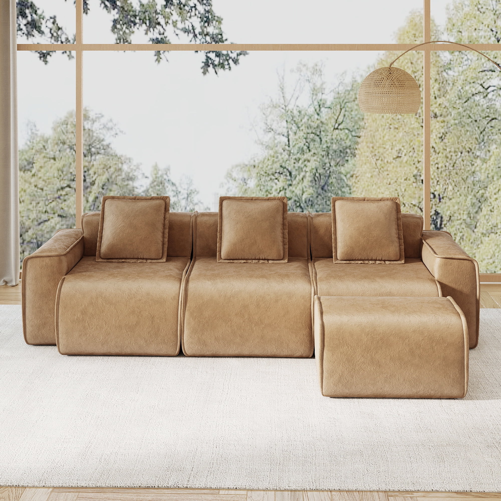 Aukfa 109" Cloud Sectional Sofa Oversized Boneless Couch Modular L-Shaped Sofa with Ottoman for Living Room, Velvet, Brown