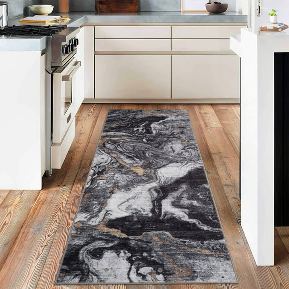 2'x6' Runner Rug – Soft Modern Abstract Boho Washable Low-Pile Carpet, Non-Slip for Entryway, Bedroom, Office & Dining Table Black