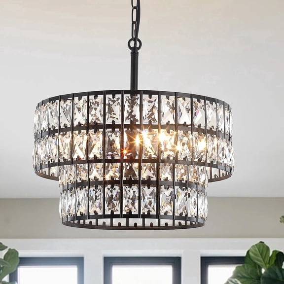 Modern 2-Tier Black Drum Crystal Chandelier,5-Light Chandelier for Dining Room, Living Room, Bedroom and Foyer