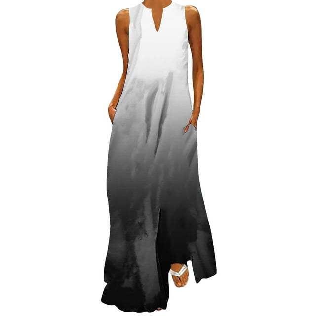 B91xZ Robe Florale pour Femmes Décontractée Col en V Sans Manches Maxi Robe Ceinturée Longue Fluide Invité de Mariage, Noir XXXXXL