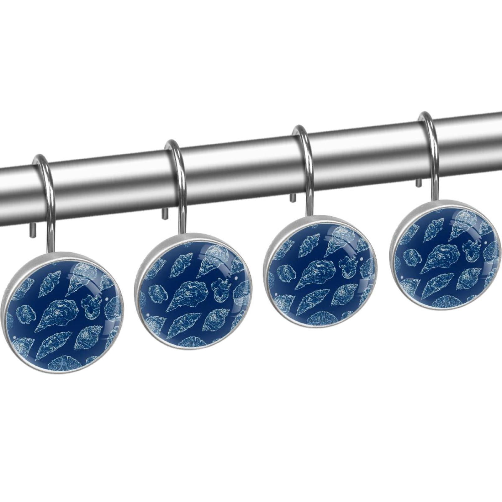 Sea Conch Pattern on Blue Shower Curtain Hooks Round Crystal Glass, Set of 12 Shower Curtain Rings - Shower Hooks for Curtain Shower Rings