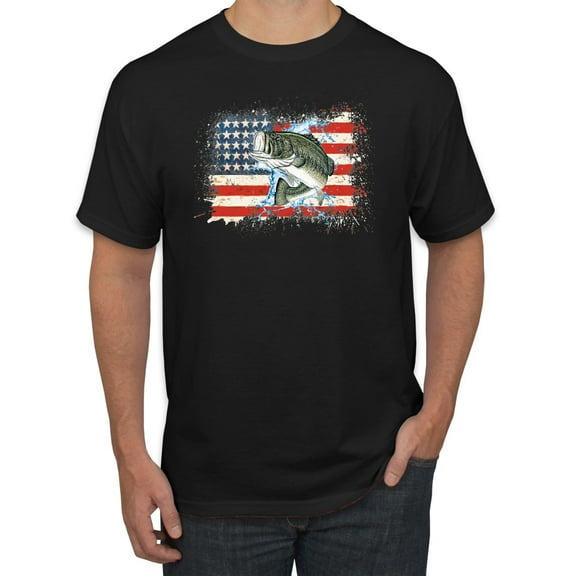 Wild Bobby, Wild Bobby, American Flag Jumping Largemouth Bass Fish, Fishing, Men's Graphic Tees, Black, Small