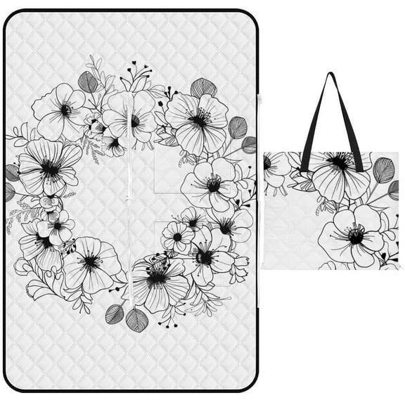 Black And White Ink Flower Outdoor Picnic Blanket, Foldable Waterproof Beach Mat, Portable Beach Blanket for Beach Camping, Hiking, Family Concerts