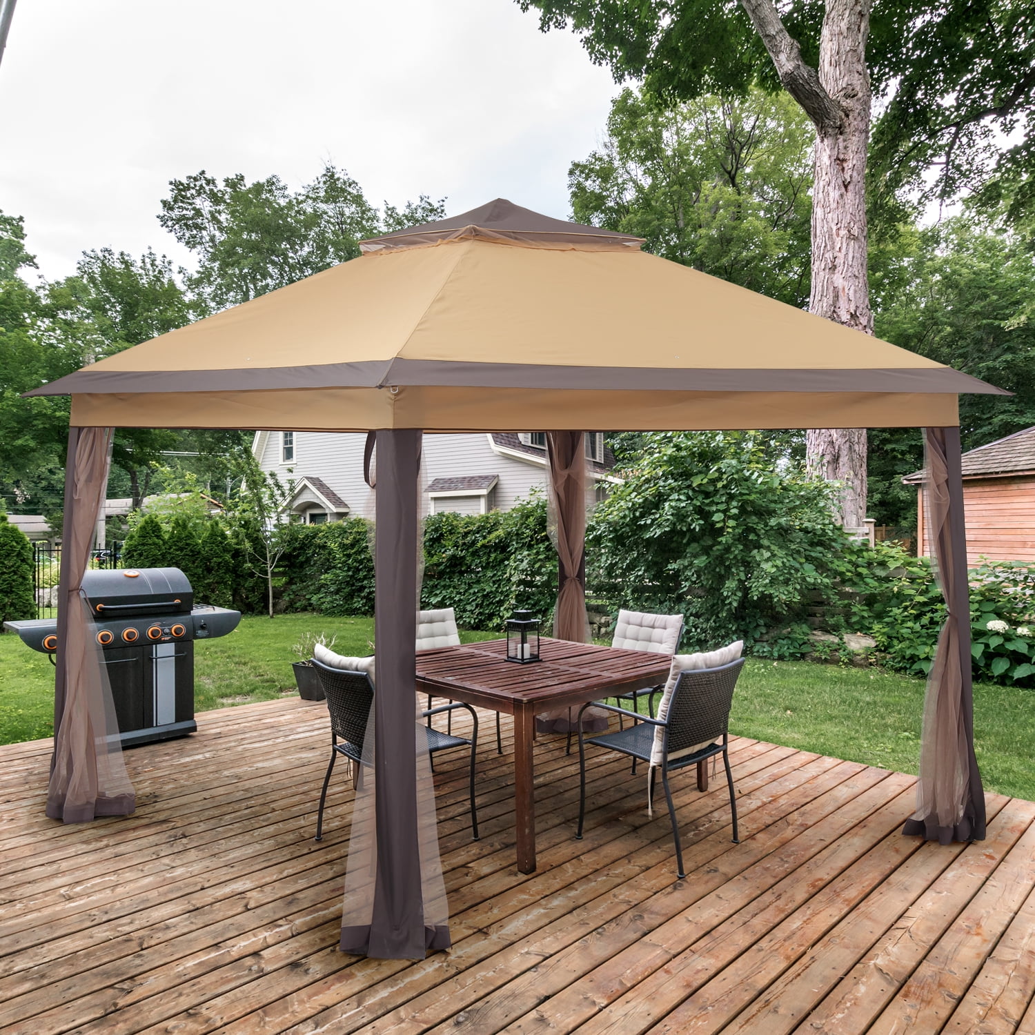 Details about   Outdoor Gazebo Brown Pop Up Patio Canopy 11 x 11Ft Mosquito Netting Panels Steel 