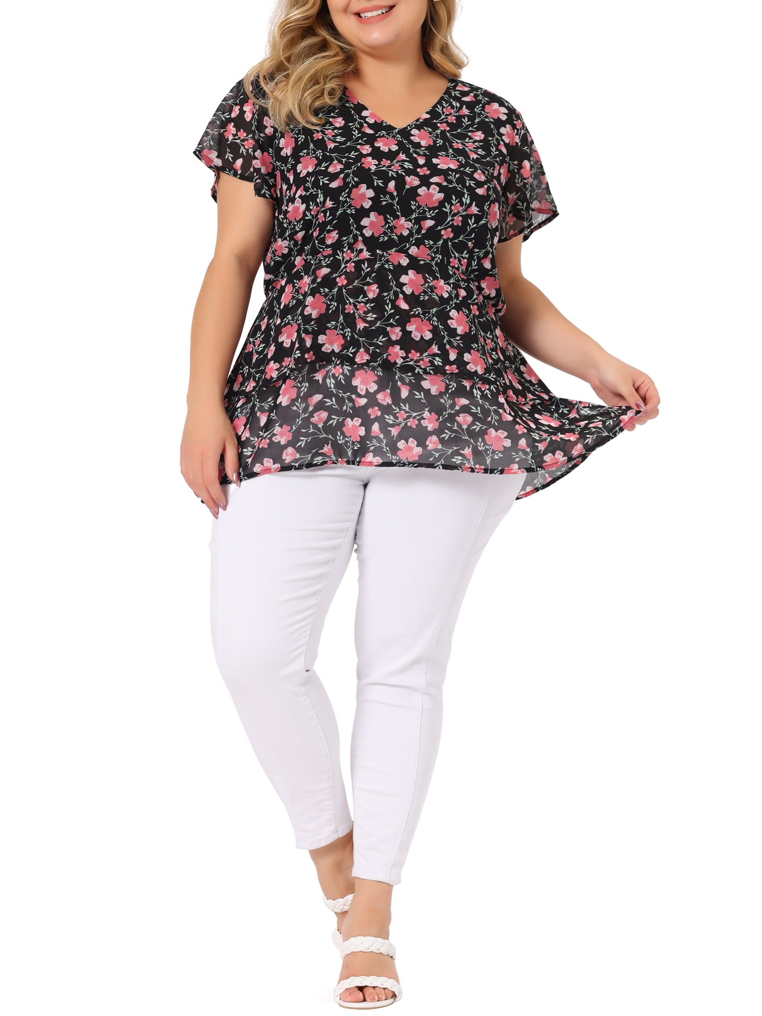 Unique Bargains Women's Plus Size V Neck Flare Floral Print Sleeve Tiered Peplum Top