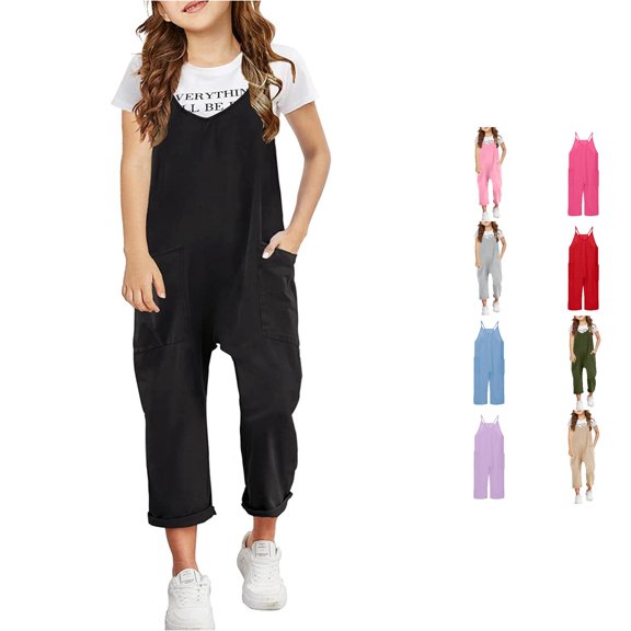 WhouRiu Girls Casual Sleeveless Jumpsuits Solid Color Spaghetti Strap Loose Overalls With Pockets Kids Lightweight Breathable Onesies,12-13 Years