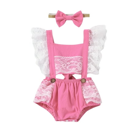 

jaweiw 2 Pcs Newborn Casual Romper Outfits Baby Fly Sleeve Square Collar Hollow Out Tie Up Lace Bodysuit + Bowknot Headband