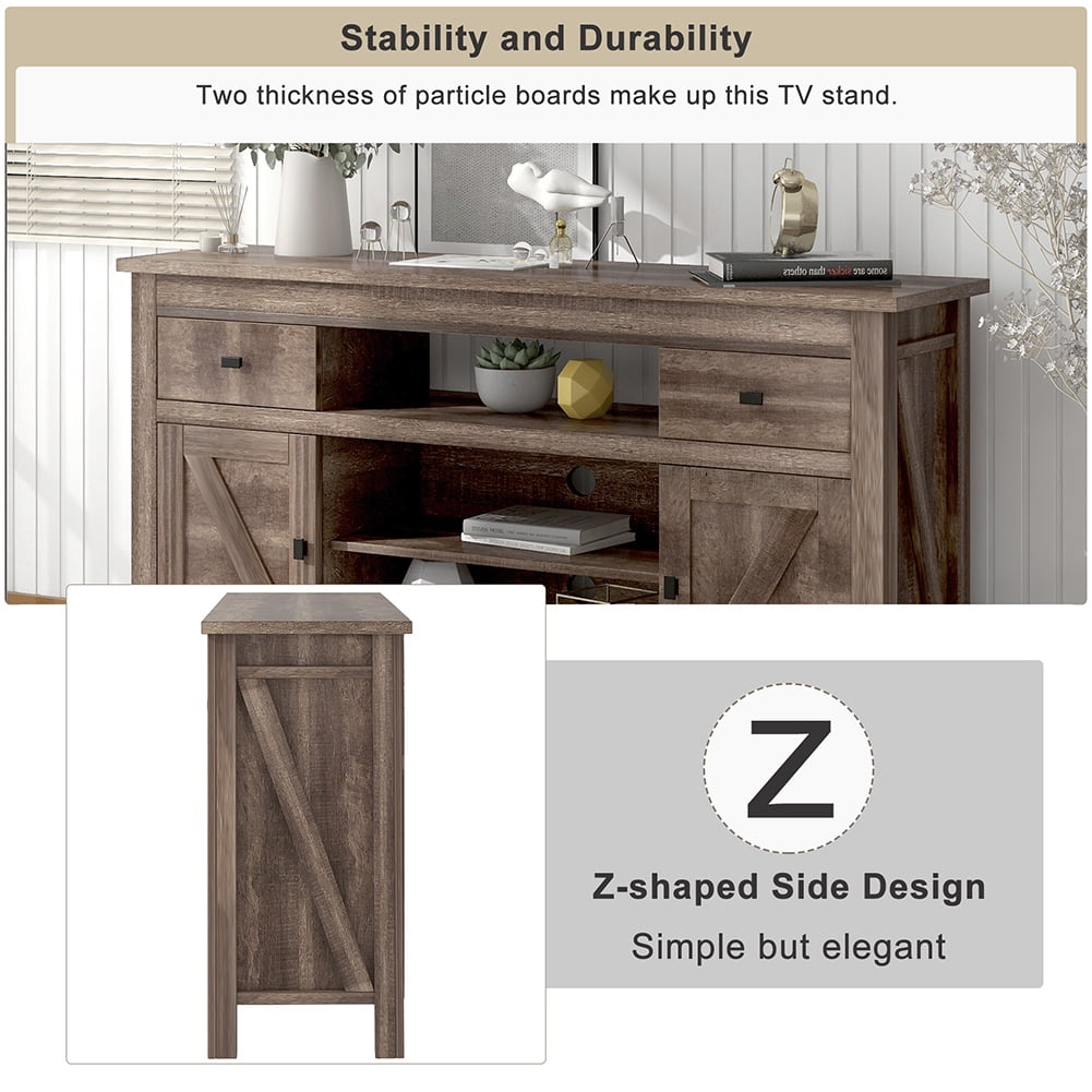 Resenkos Functional Particleboard TV Stand with Two Drawers and Open Style Shelves Sliding Doors and Adjustable Shelf, Barnwood