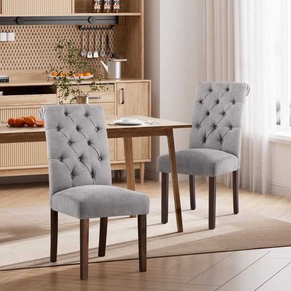 EOP Upholstered Dining Chairs Set of 2, Parsons Fabric Kitchen Chairs with Padded Seat, Button Tufted Armless Dining Side Chairs with Wood Legs, Light Gray